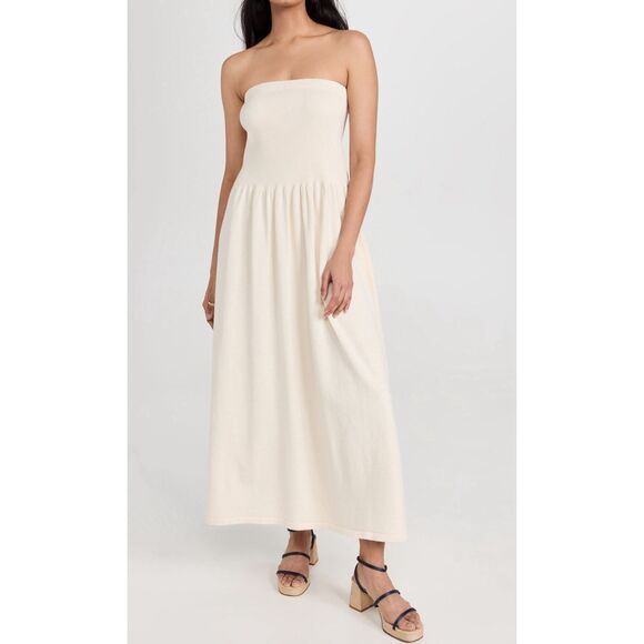 Demylee Midi Tube Dress Size S Beige Cotton Knit Fit Flare Minimalist - Picture 1 of 8